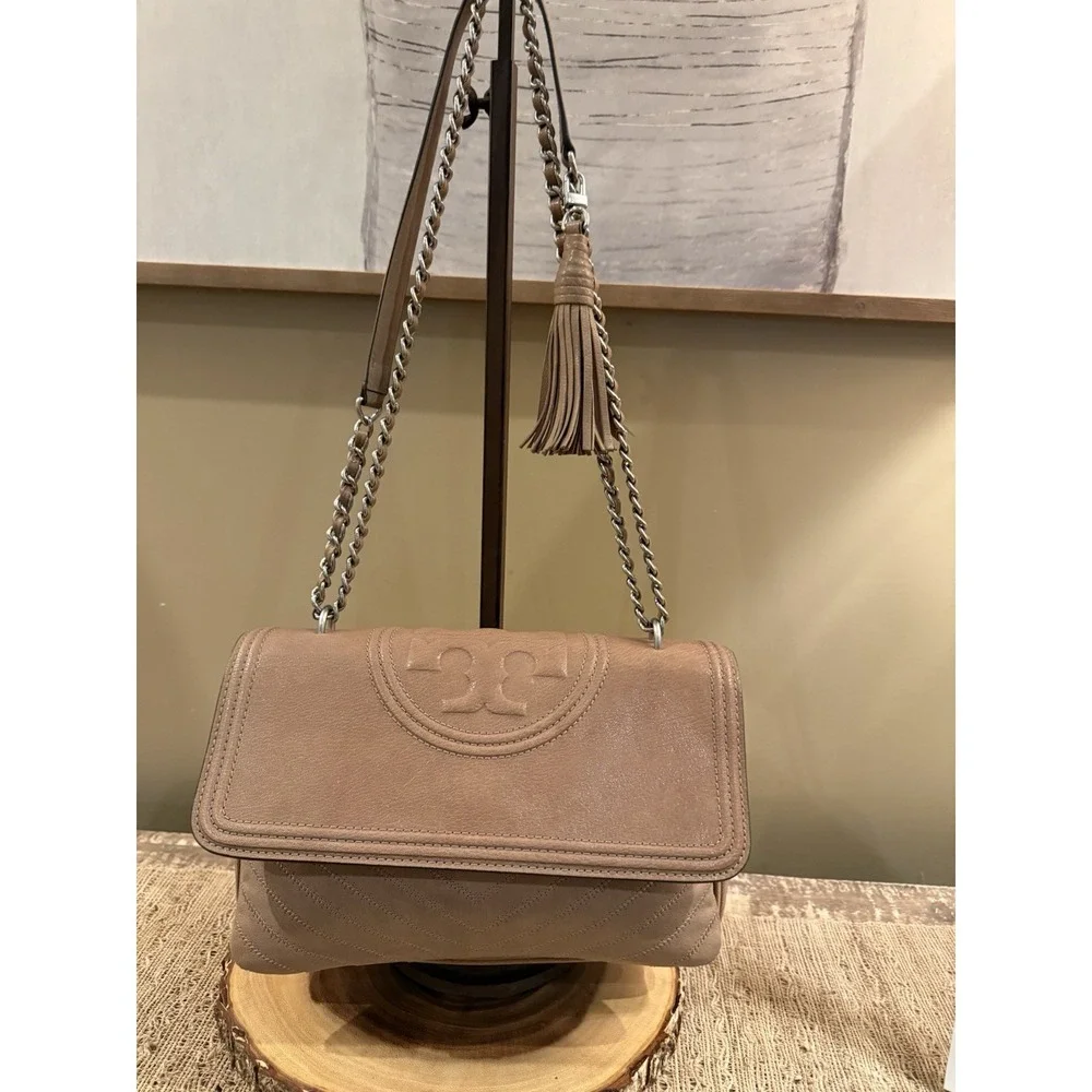 Tory Burch Fleming Distressed Flap, Tassel Shoulder Crossbody Bag Taupe 458$